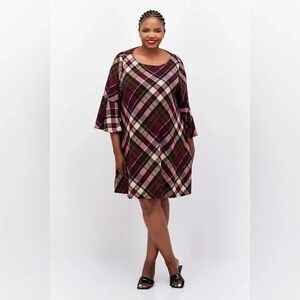 JH Collections Plaid Dress 3X Plum Combo Retro Boho Chic Plus Size Casual
